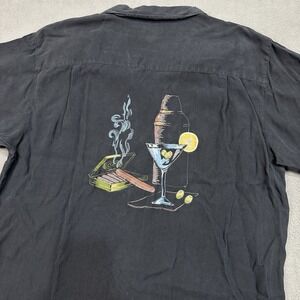 Luau Fine Silk Shirt Men's Large‎ Black Martini Cigar Embroidered Hawaiian Cuban